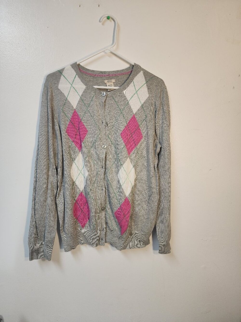 IZOD grey pink green button front argyle cardigan sweater XL